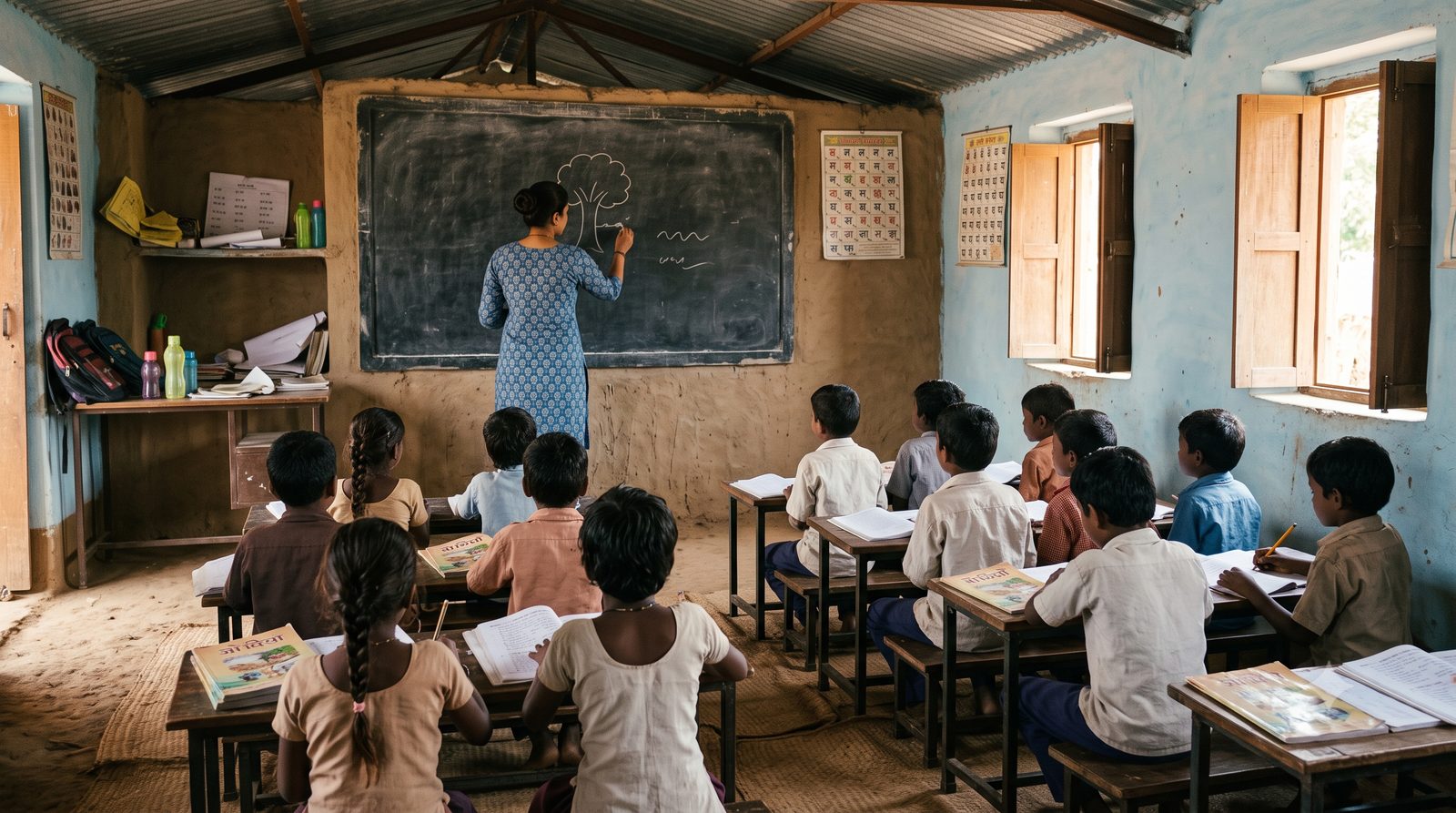 Teacher helping children in a rural classroom