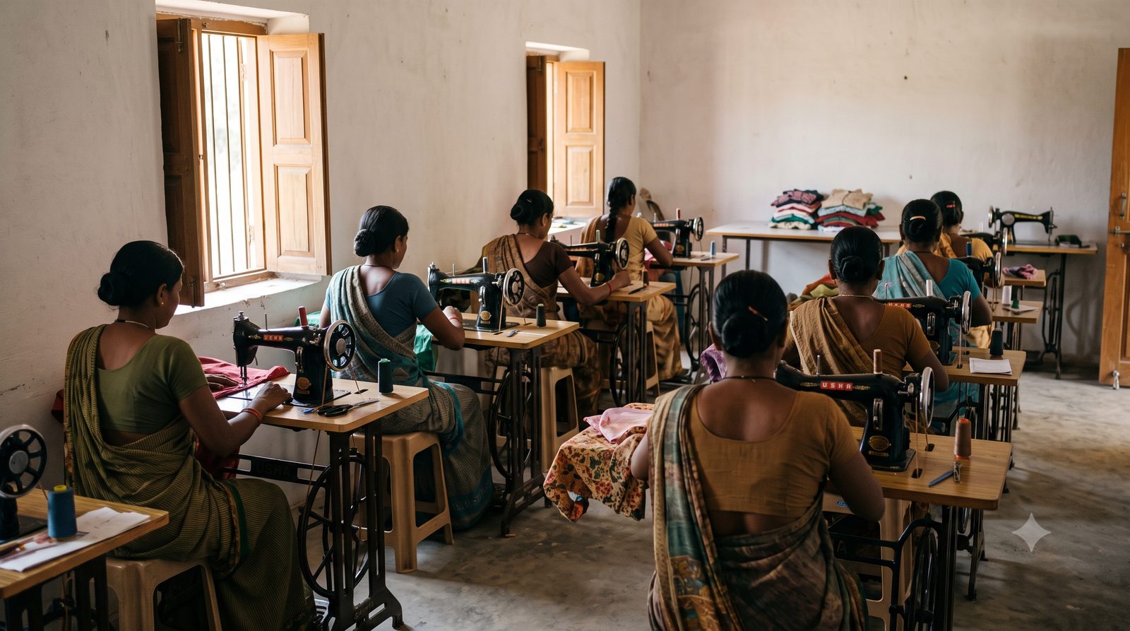 Women learning sewing skills in a livelihood workshop