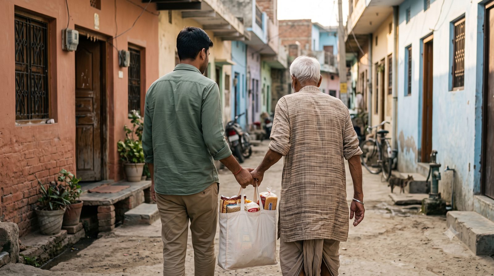 Community members sharing a bag of groceries